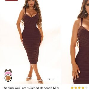 Elegant Brown Ruched Bandage Midi Dress